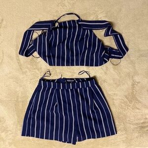 Fashion Nova size small two piece set navy blue with stripes
